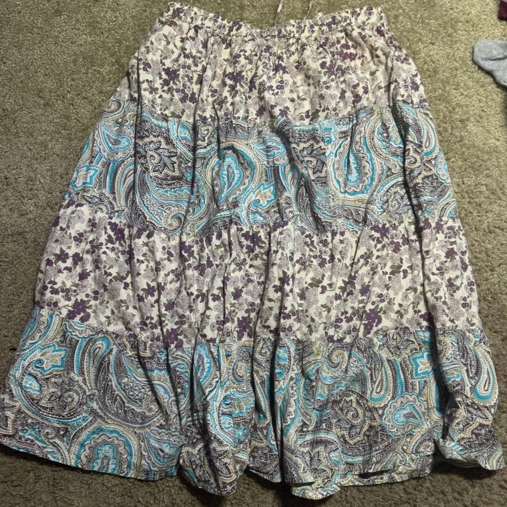 Kaaku Womens Cotton Tiered Midi‎ Skirt Purple Teal Floral Paisley Boho Peasant